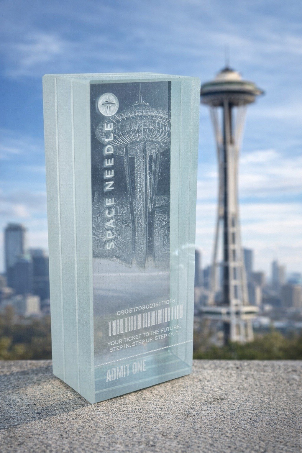 Seattle Space Needle Glass Ticket  Renovation Art Glass Block W/ Box RARE HTF