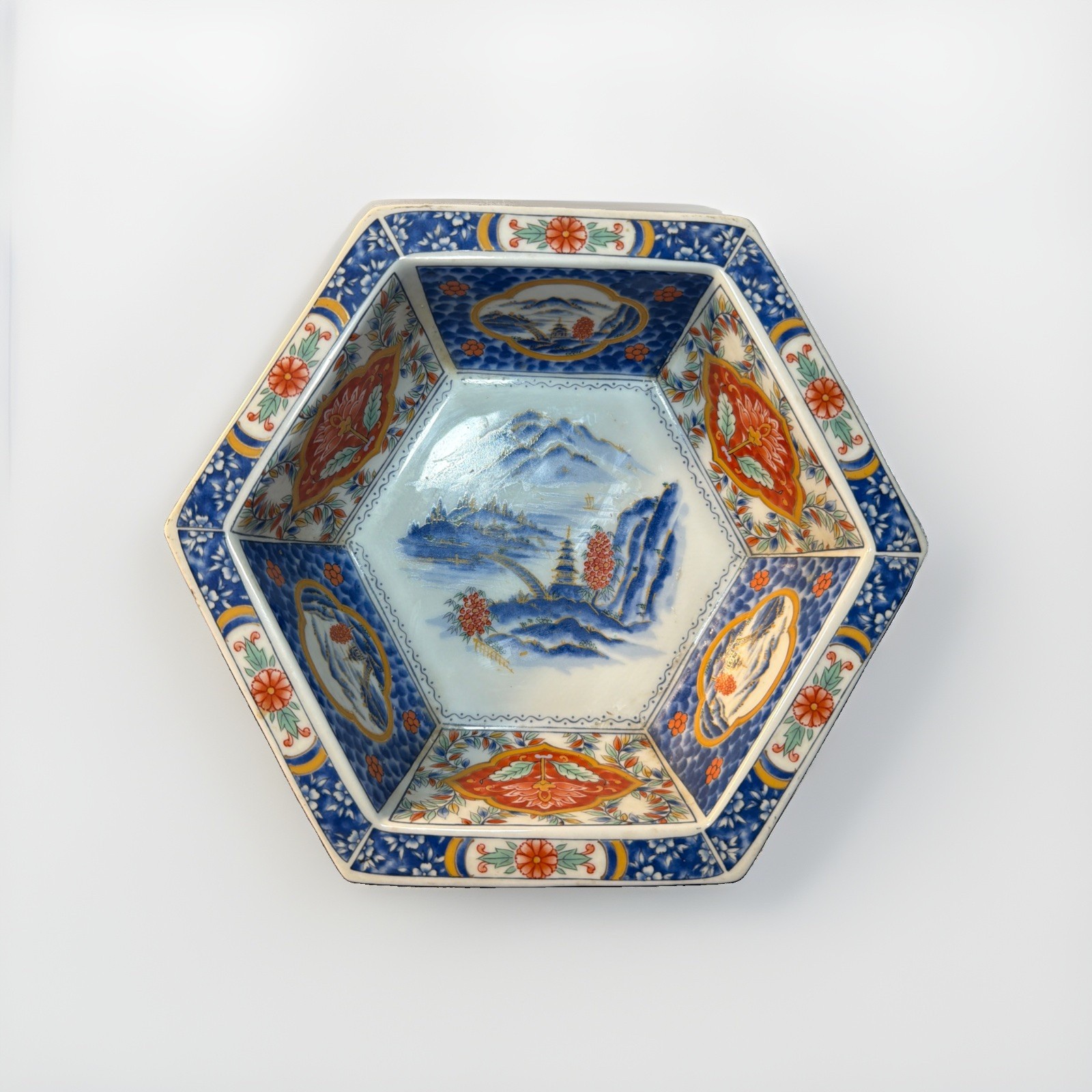 Vintage Japanese Imari Porcelain Octagonal Bowl Hand Painted Landscape Center