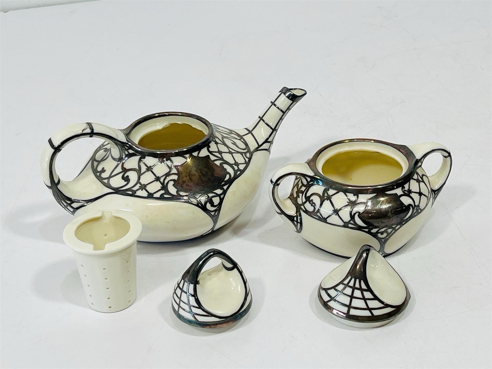 Antique American Belleek Silver Overlay Tea Set – Willets / Lenox – Monogrammed
