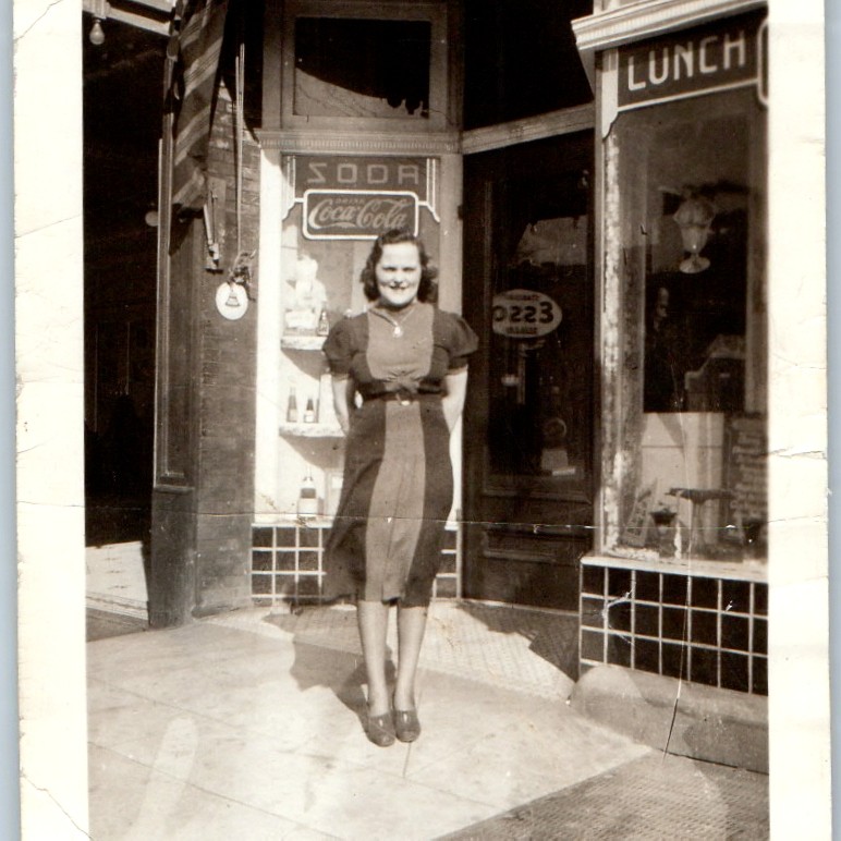 c1940s Cute Woman Coca-Cola Soda Lunch Storefront Sign Snapshot Photo Coke Esso