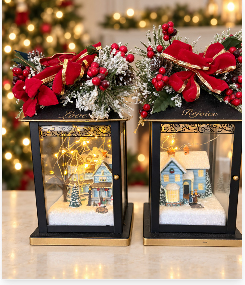 Thomas Kinkade Sparkle of Season Love Rejoice Lighted Lanterns Set of 2 w/Tags