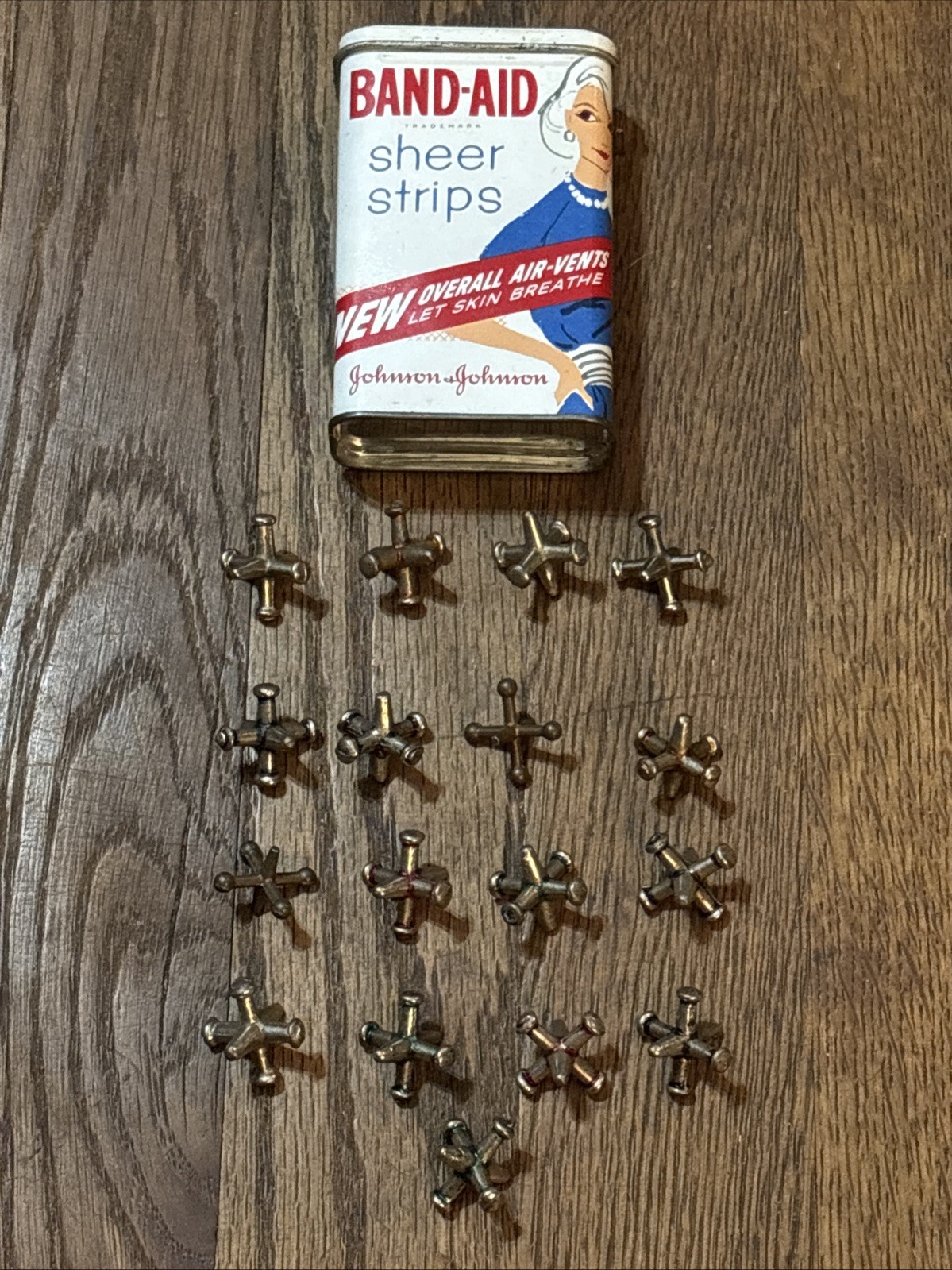 Vintage 1950s 1960s Band-Aid Sheer Strips Tin with 17 Vintage Metal Jacks