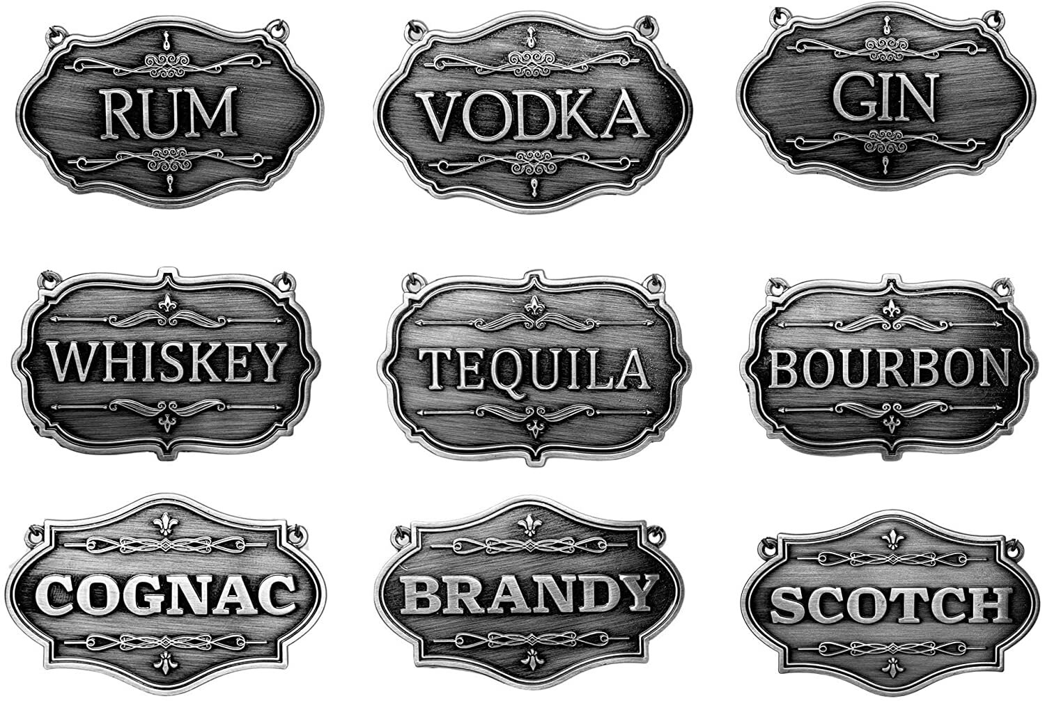 GIFT Bx Gorgeous European Liquor Decanter Tags Labels Set 9 Dark Pewter w/ Chain
