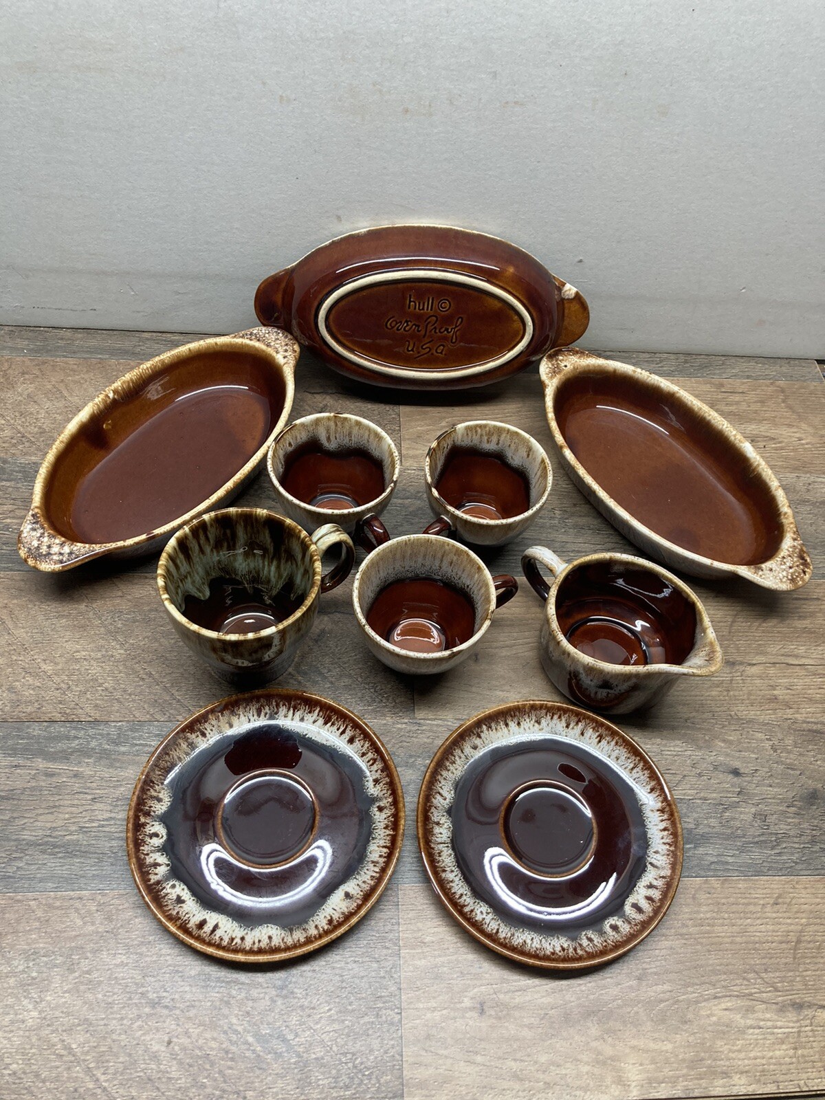 Lot Of 10 Vintage Hull Oven Proof Cups Plates Dishes Drip Glaze