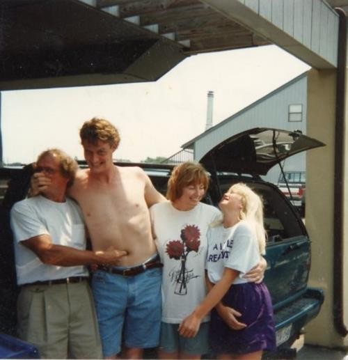 Vtg 1990s Funny Found Photo Shirtless Poking Belly Button Laughing Snapshot