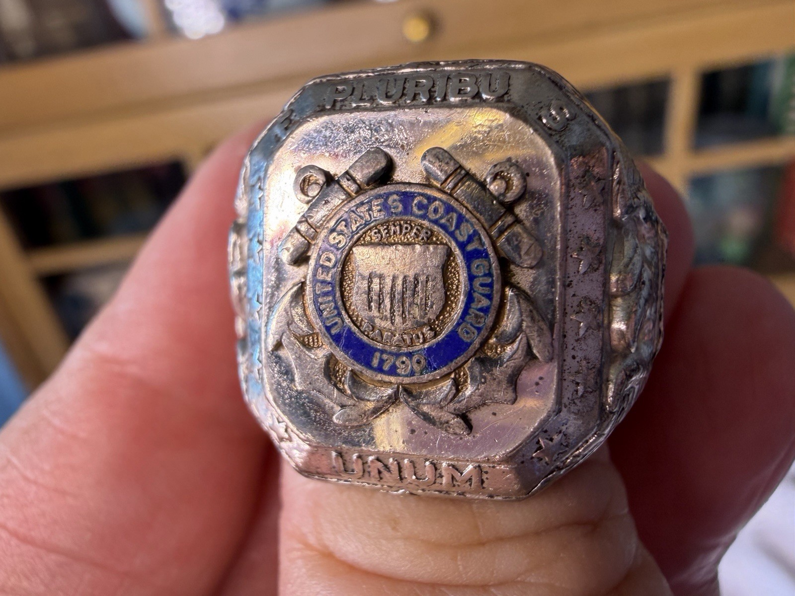 WWII Vintage US Coast Guard Sterling Silver Ring USCG Enamel Uncas Maker Sz 10.7
