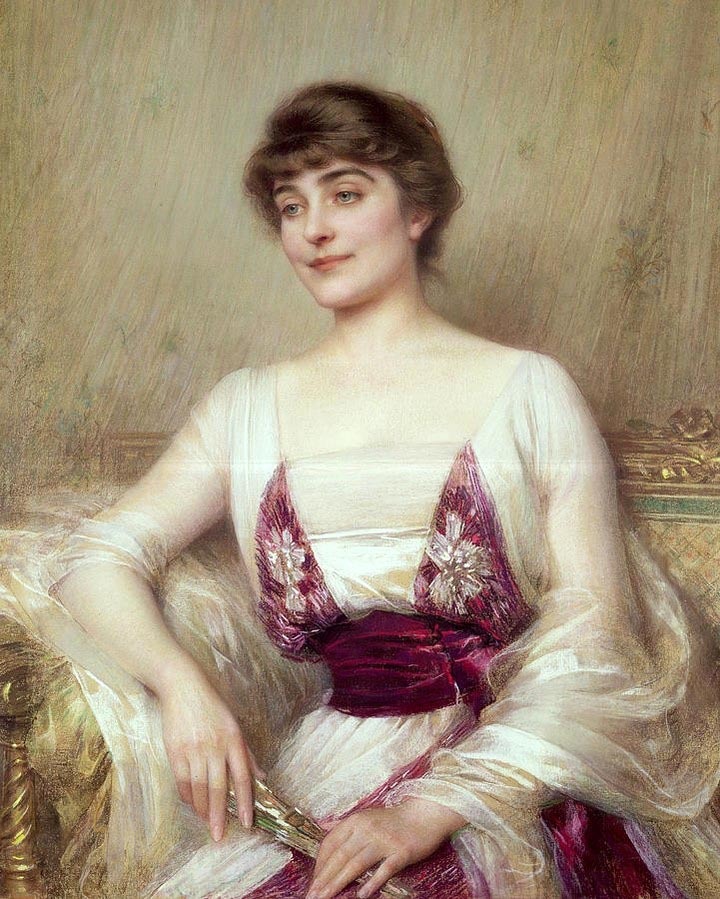 Oil painting Portrait Young nice noble lady seated with fan  cost A
