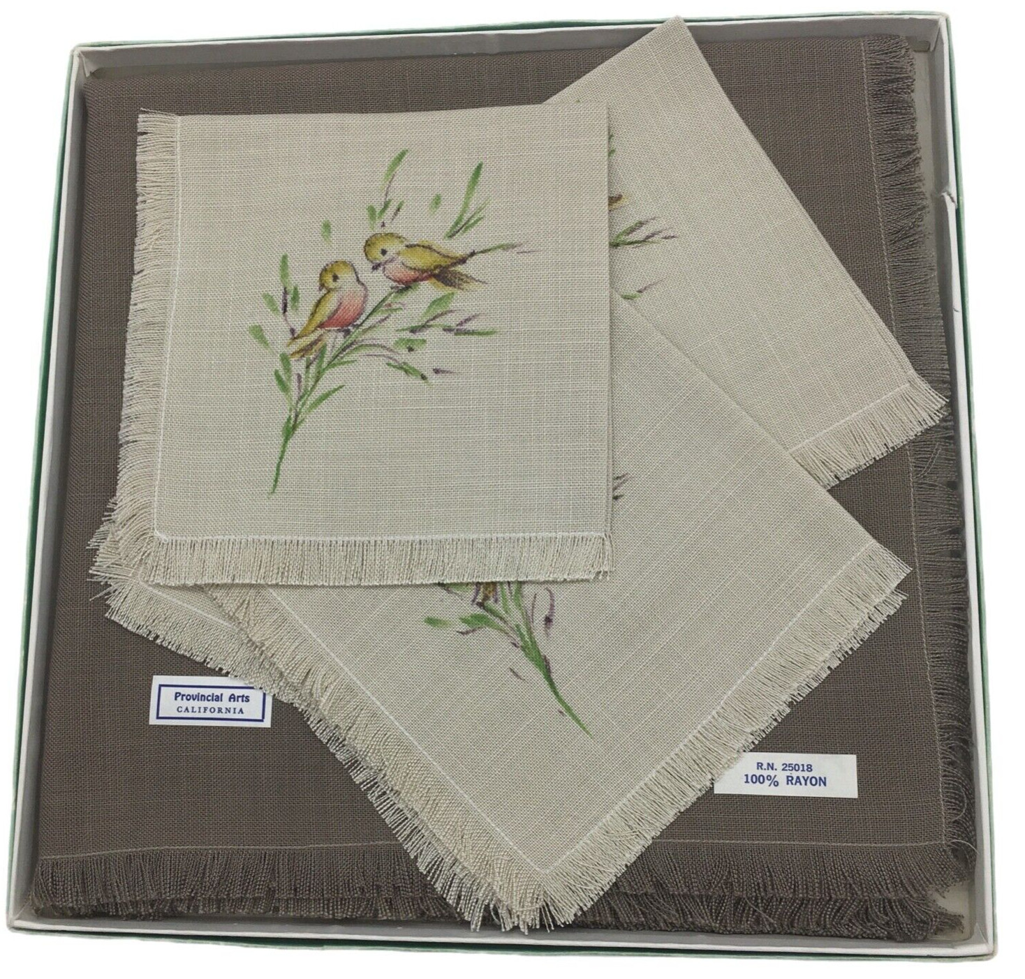 Provincial Arts California Boxed Set Tablecloth Napkins Set Hand Painted Birds