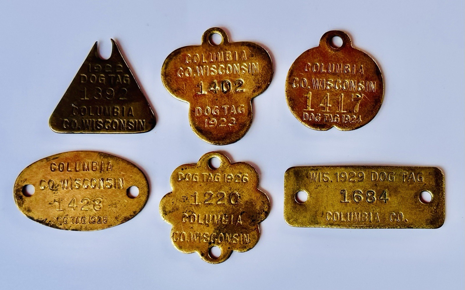 6 Antique 1920s Dog License Tag, Columbia County Wisconsin Brass 1922 23 24 25 +