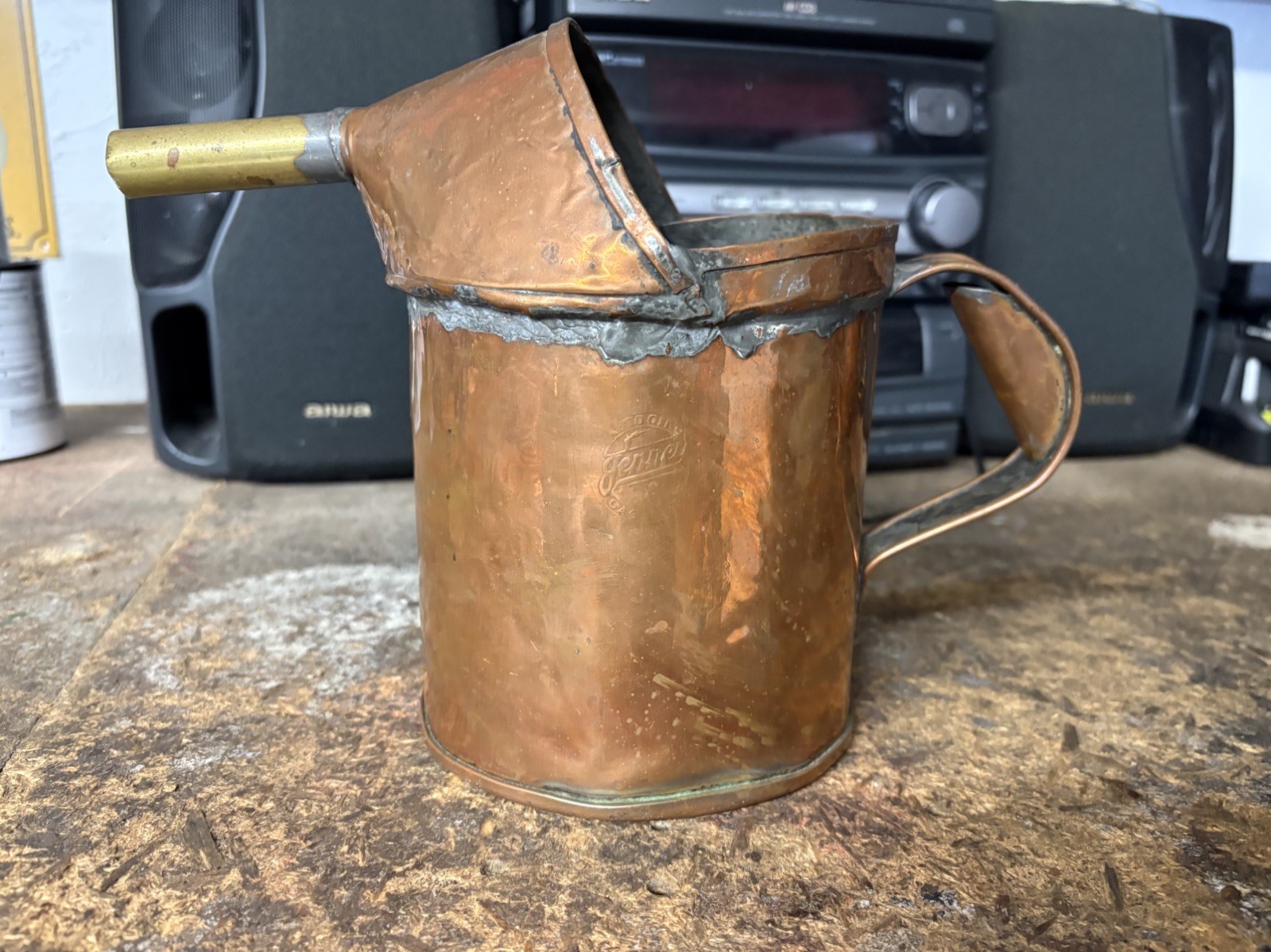 Antique Jenney Copper Oil Pitcher with Brass Spout