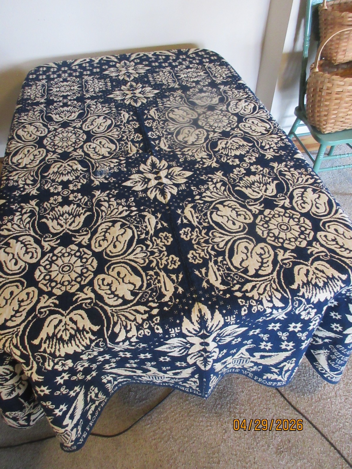 ANTIQUE AMERICAN PATRIOTIC JACQUARD WOVEN COVERLET, 72\