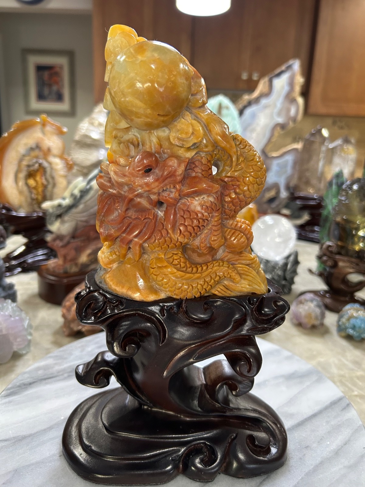Amazonite Dragon Carving with custom wood stand