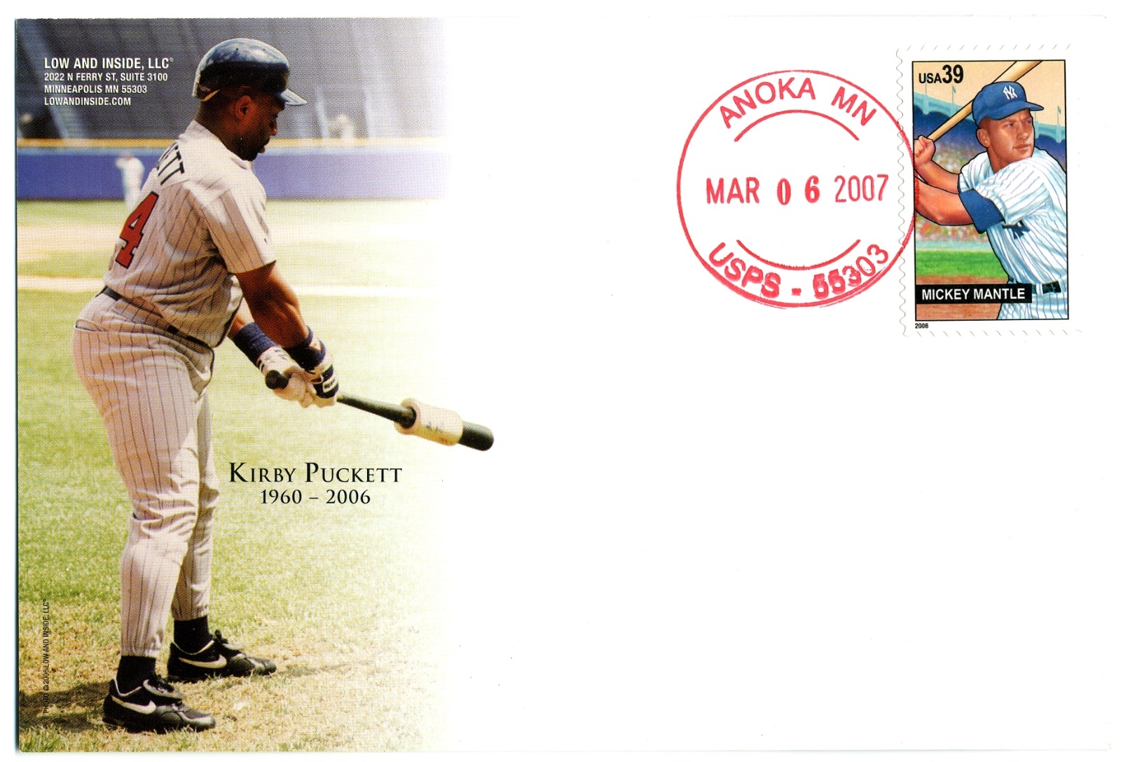 MINNESOTA TWINS KIRBY PUCKETT COMMEMORATIVE POSTCARD POSTMARKED 3/6/2007