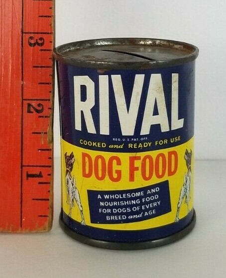 Vintage Rival Dog Food Chicago Small Tin Metal Coin Bank (Has Wear)