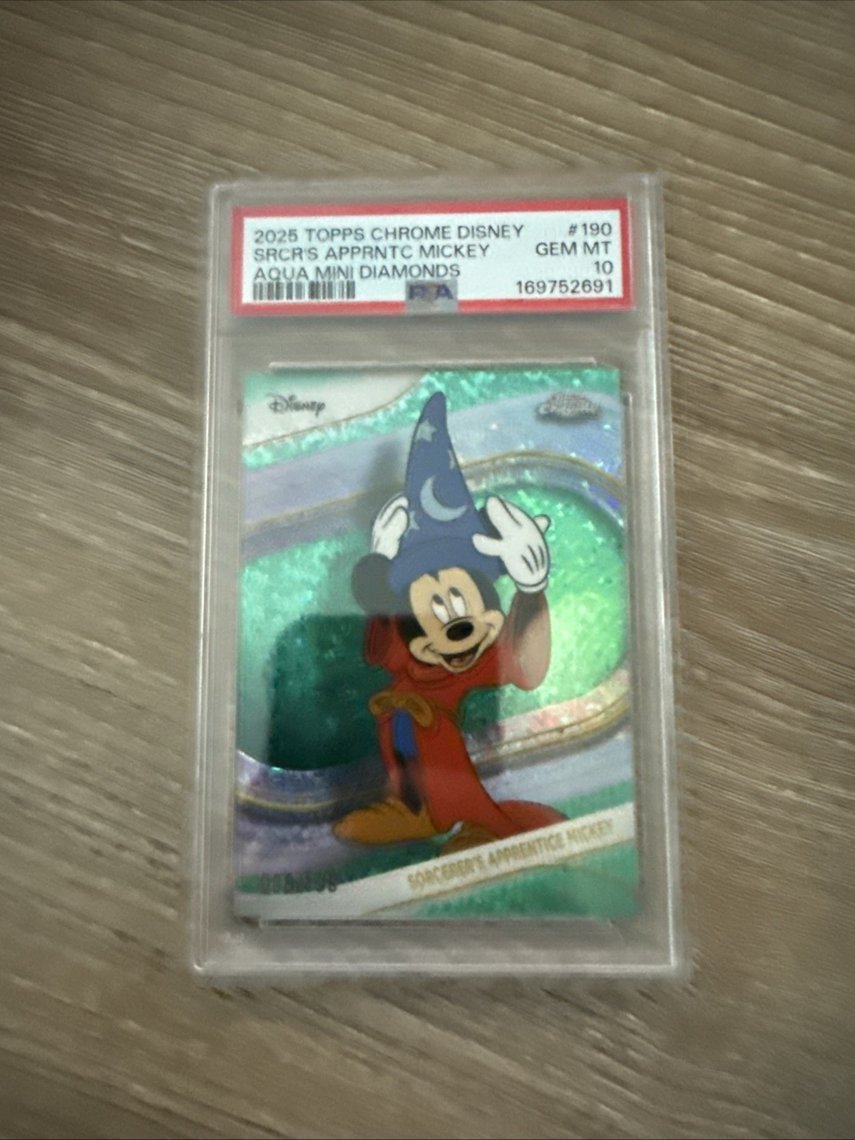 2025 Topps Disney Chrome Sorcerer Mickey Aqua Mini Diamonds /199 PSA 10