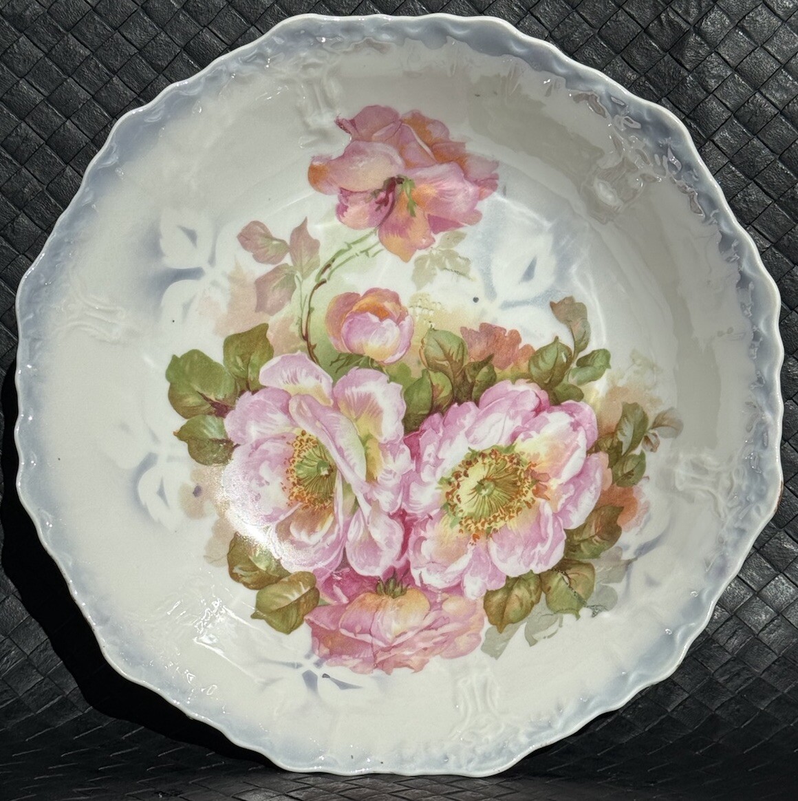 Antique Serving Bowl c1890-1914 Germany Pink Roses Purple Lustreware Embossed Antique Serving Bowl c1890-1914 Germany Pink Roses Purple Lustreware Embossed
