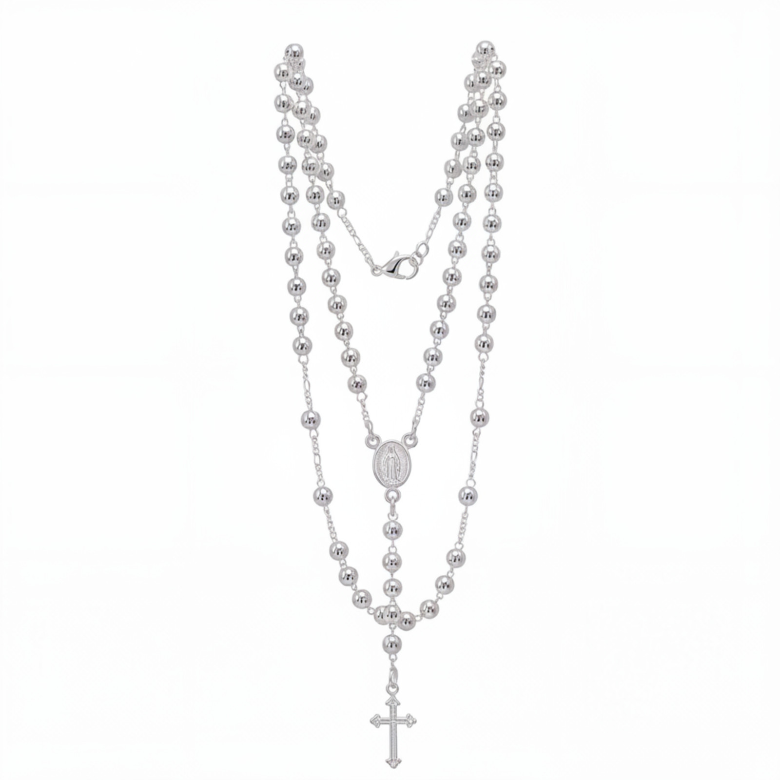 925 Sterling Silver Rosary Necklace 20 Inches 4mm Beads Cross Virgin Mary Medal