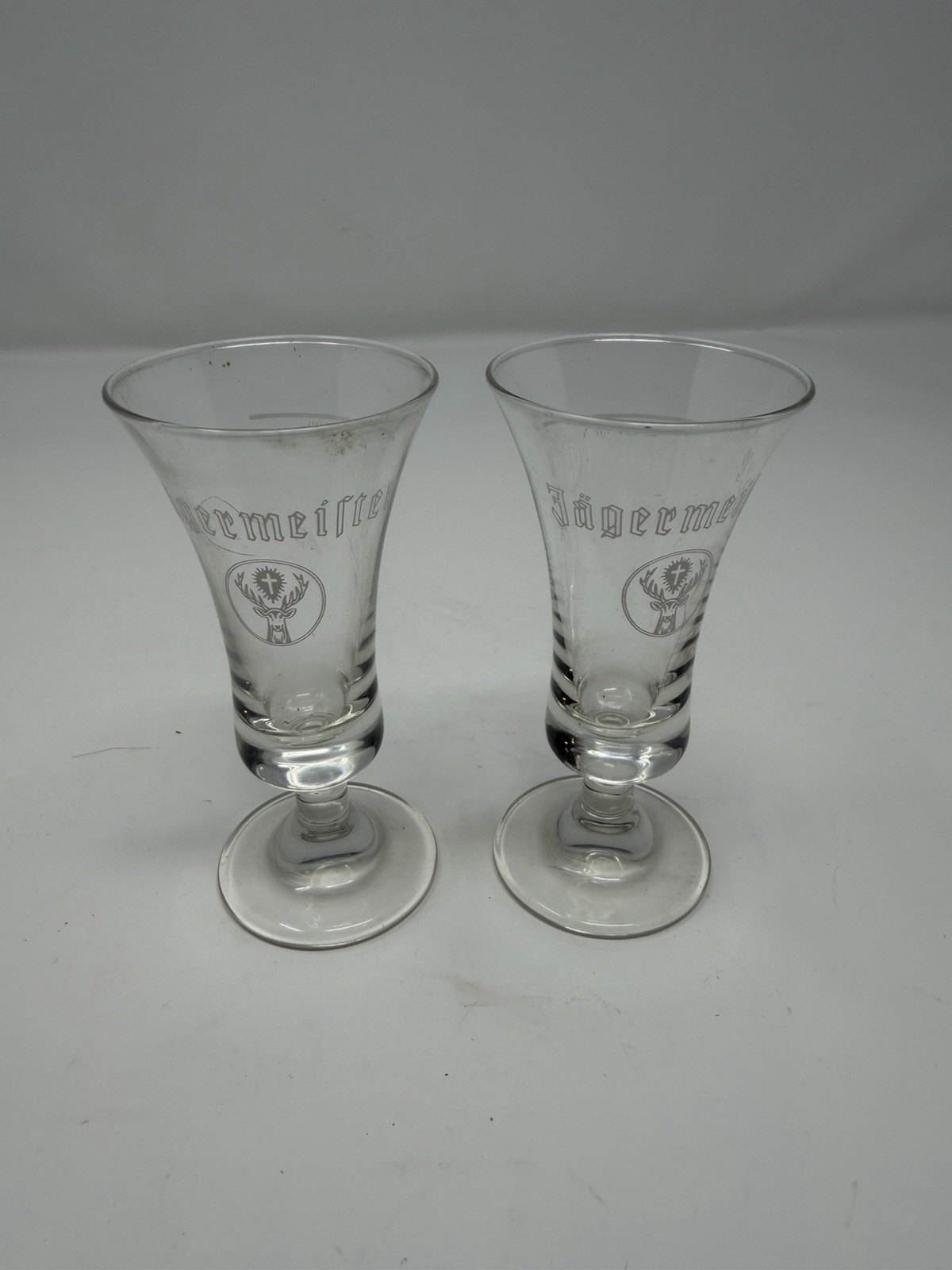 Set of 2 Jagermeister Clear Footed Cordial Shot Glasses Etched 2 cl EUC