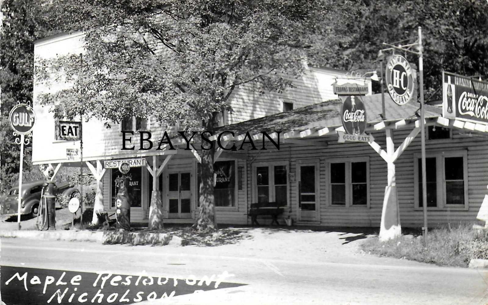 NICHOLSON PA RPPC- MAPLE / FRANK's RESTAURANT - GAS STATION - COCA COLA SIGNs