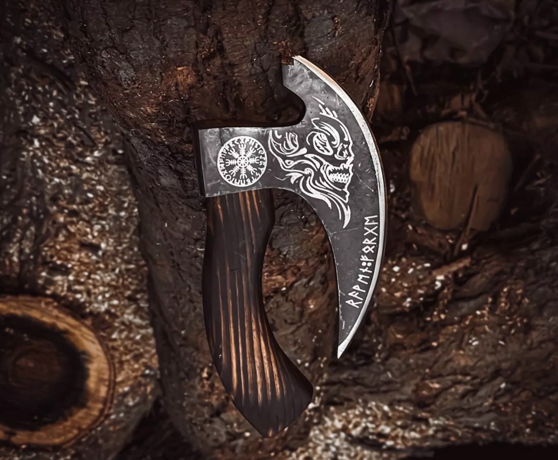 VIKING HANDMADE PIZZA CUTTER AXE WOOD HANDLE | W/ LEATHER SHEATH STAINLESS STEEL