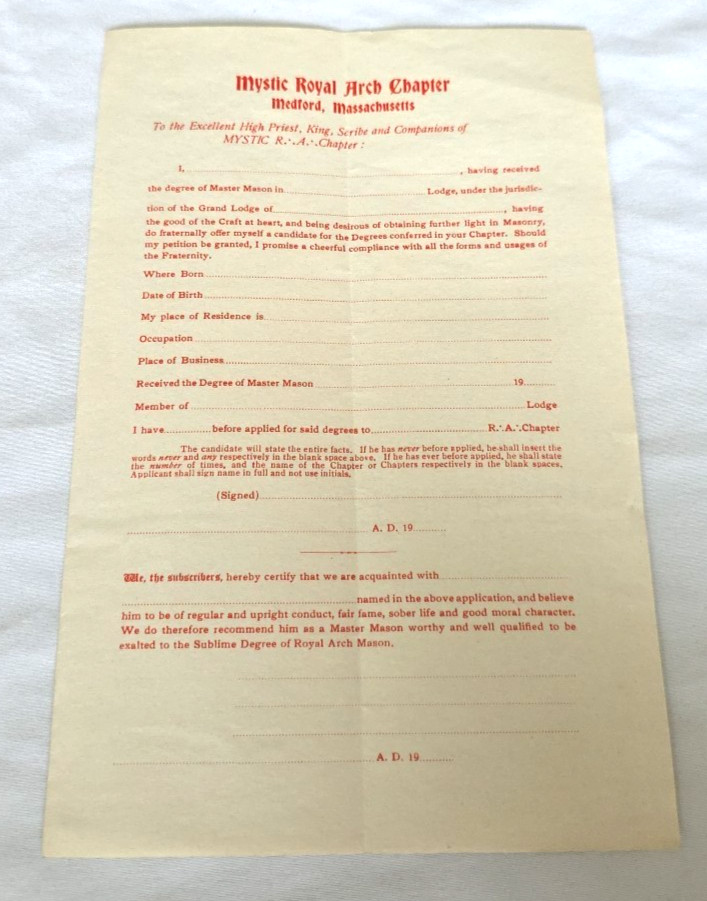 C.1920s Mystic Royal Arch Chapter Free Mason Medford, MA Application Form