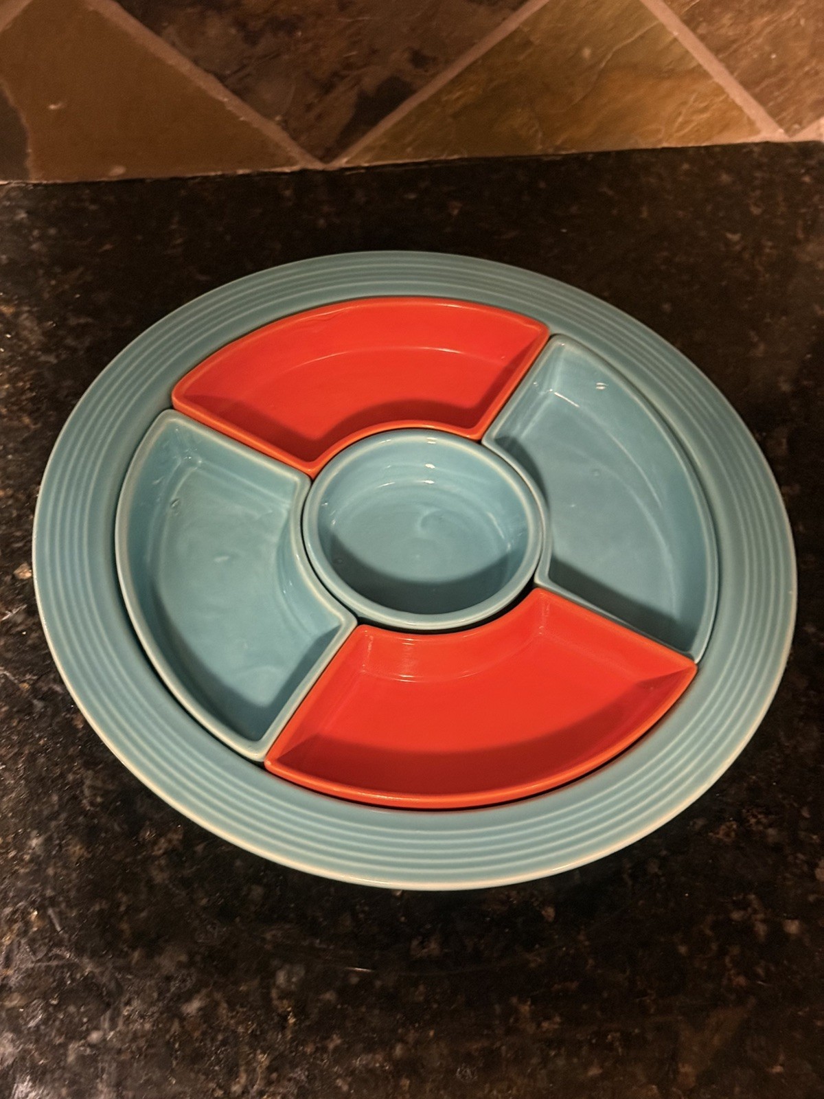 VTG Homer Laughlin’s Fiesta Ware relish server Platter Set~ 10.75”. READ.6pc set