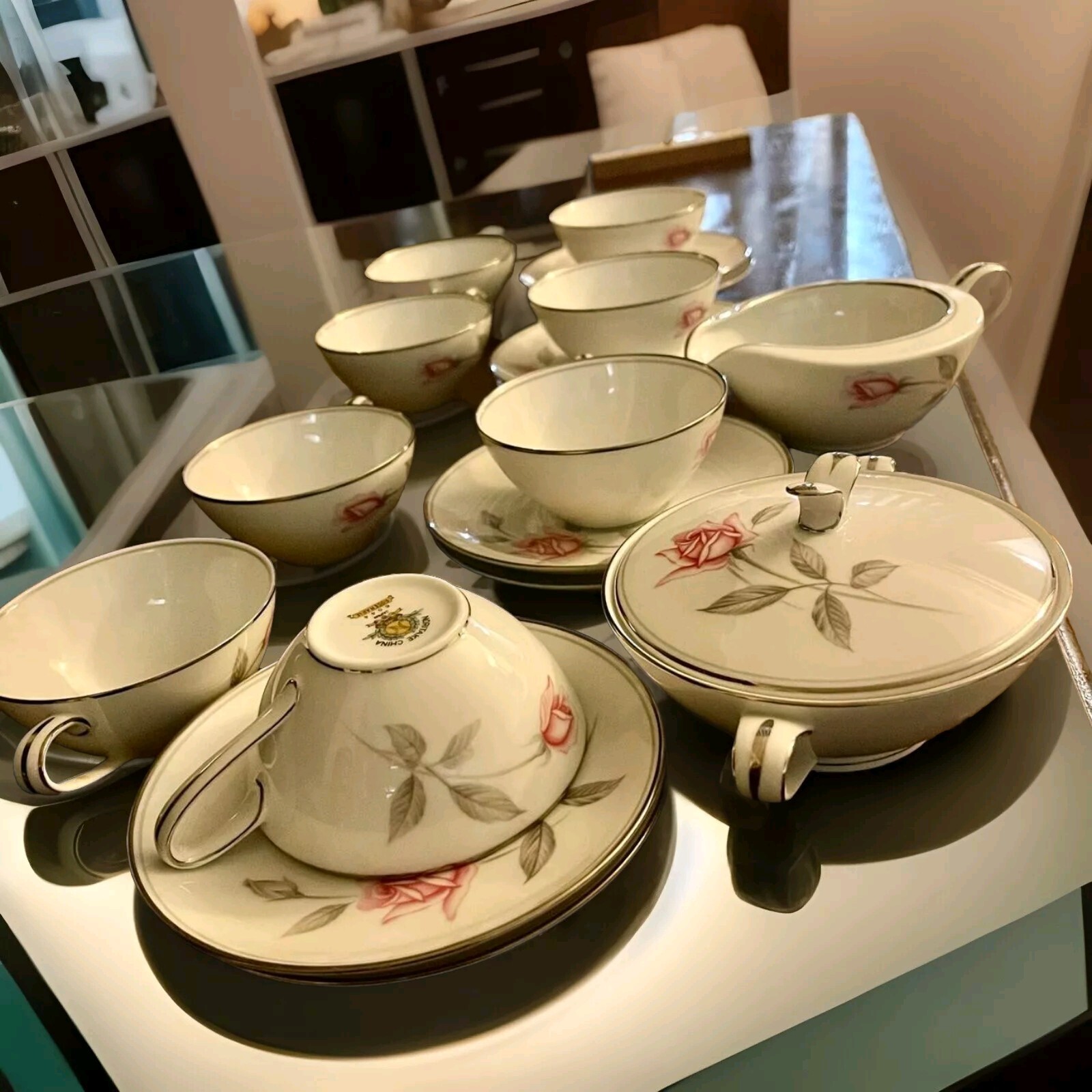 Noritake Rosemarie #6044 19Pc Tea/Coffee Set  Cup &Saucer, Creamer &Sugar Bowl