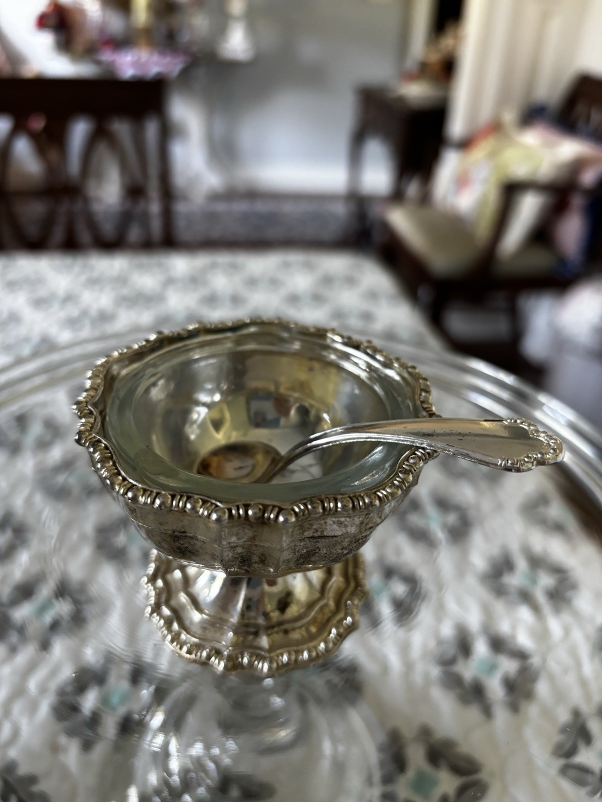 Vintage Avon Silver plate Salt Dip With Spoon And Glass Insert Made In Italy 