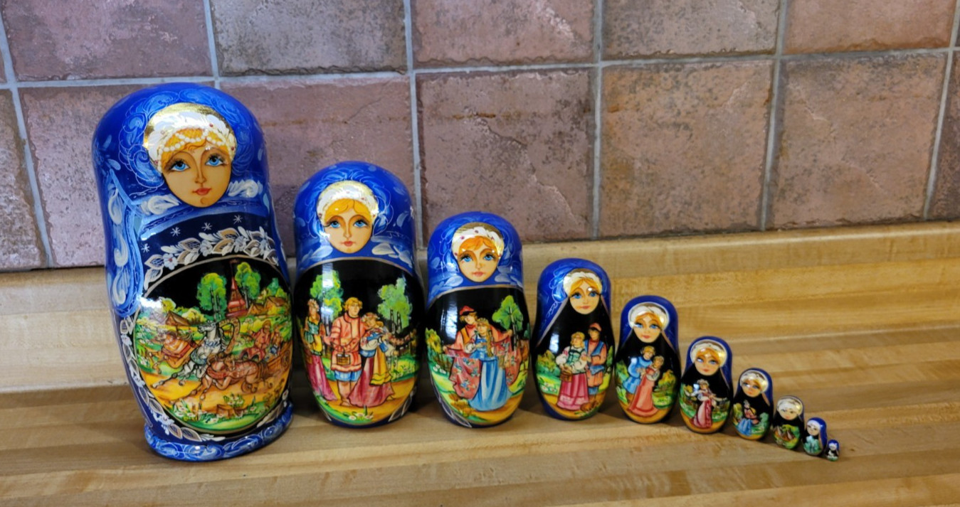 Vintage SET OF 10 Hand Painted Wedding Kingdom Signed Blue Russian Nesting Dolls Vintage SET OF 10 Hand Painted Wedding Kingdom Signed Blue Russian Nesting Dolls