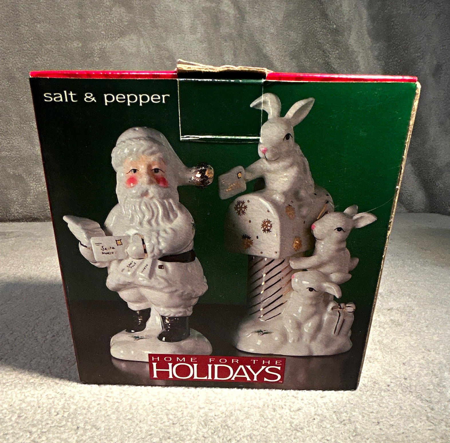 Home for the Holidays Holly Holiday Santa Rabbit Ceramic S&P Set 
