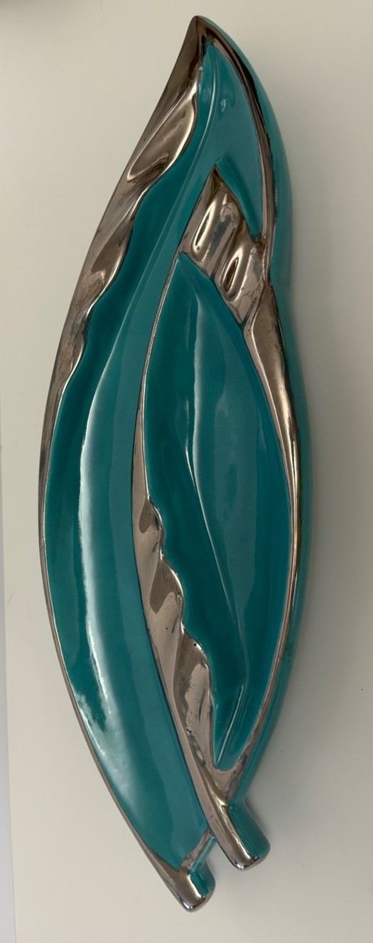 MCM 17.75” Leaf Console Planter Dish Turquoise Teal Silver Calif Pottery 1950s