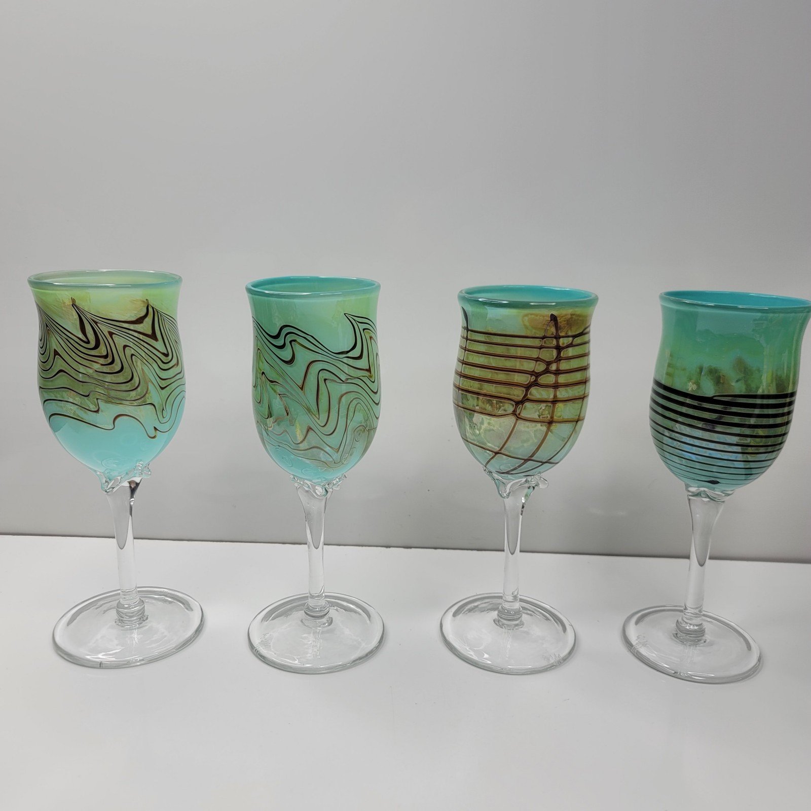 RARE Set Of 4 SIGNED Charlie Miner Hand blown, Vintage Blue Wine Glass