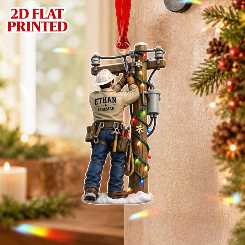 Personalized Lineman Christmas Ornament, Utility Worker Gift, Custom Name Power 
