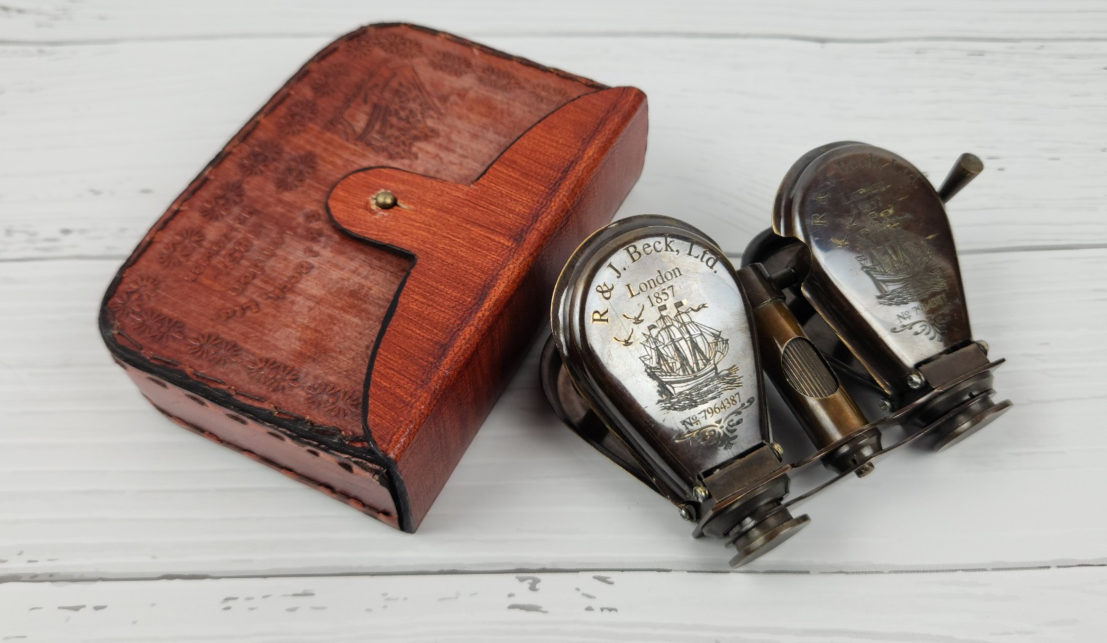 Antique Brass Opera Glasses, Nautical Leather Case Binoculars