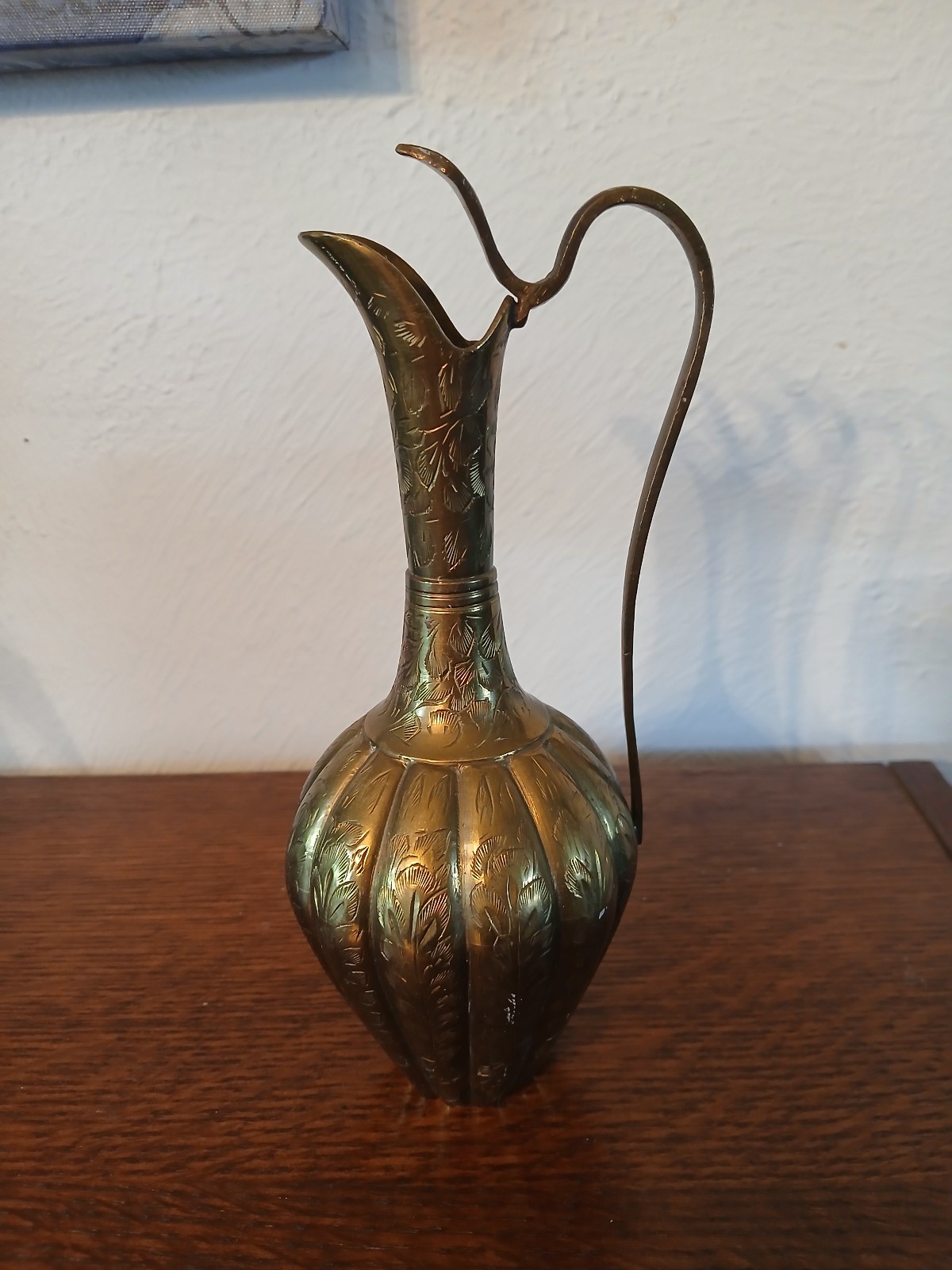 Vintage Solid Brass Ewer Pitcher India Hand Engraved Floral Vase 8