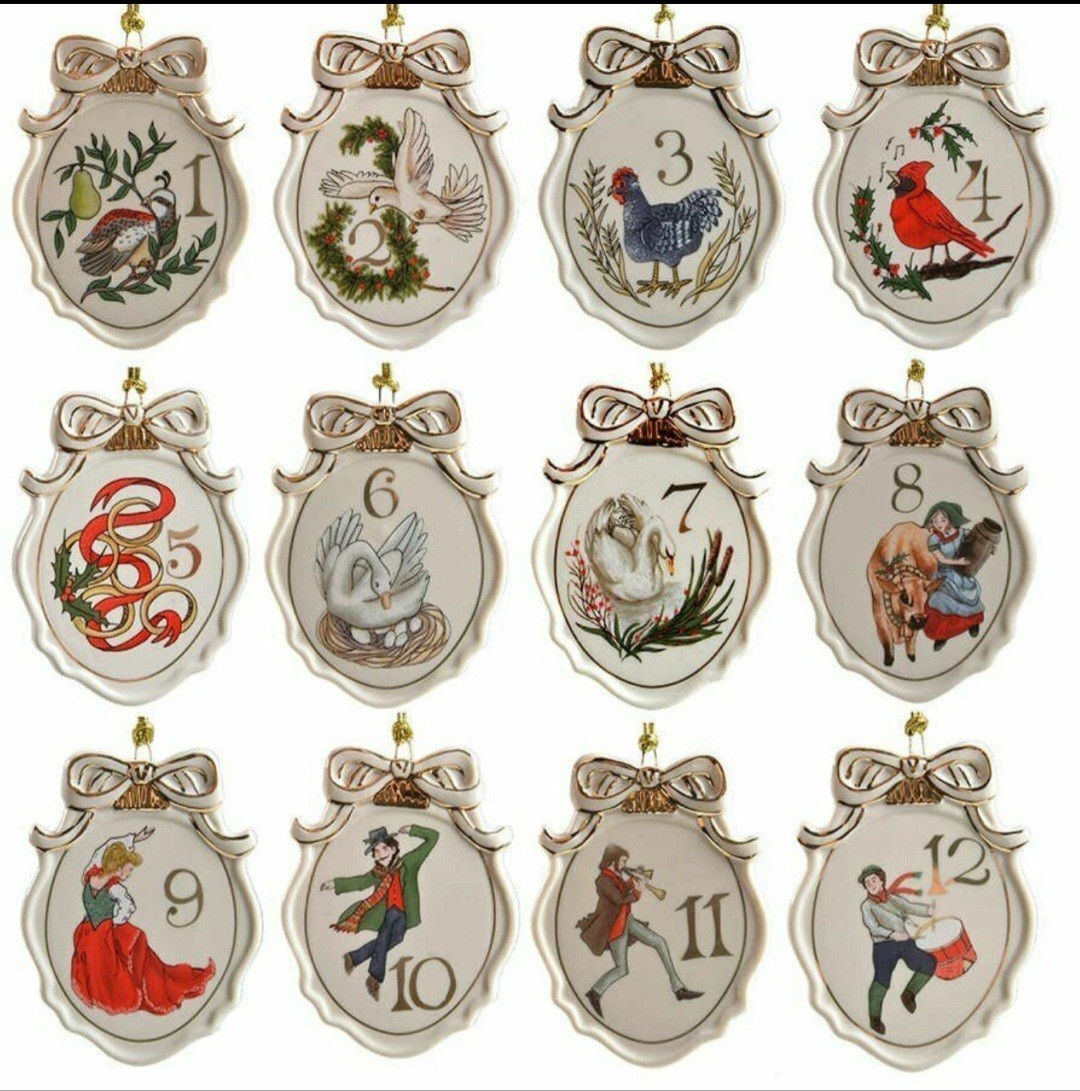 Lenox Twelve Days Of Christmas Ornaments 12PC Set Flat Oval 3 1/8  