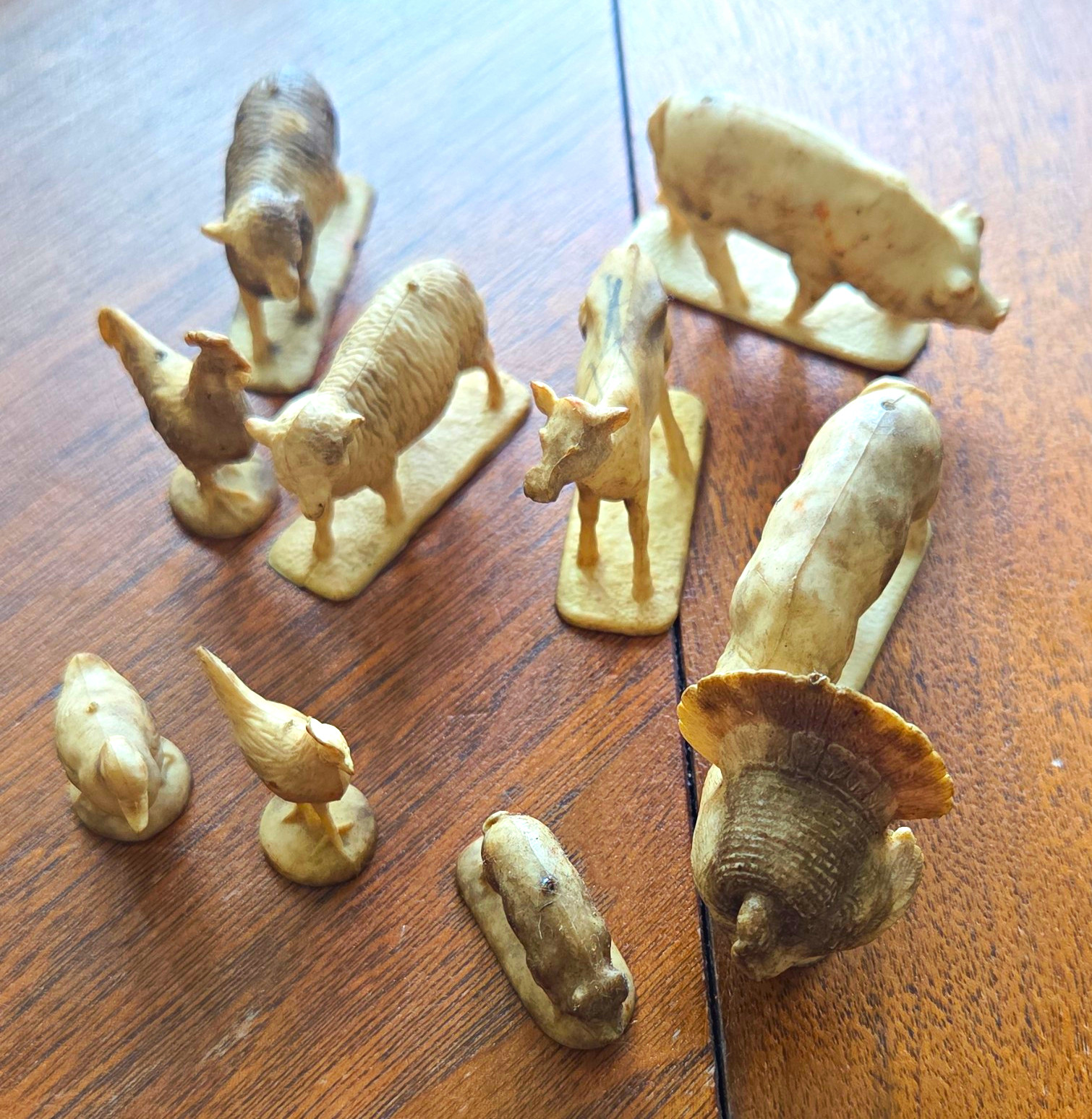 Vintage Carved Wood Farm Animal Figurines Lot Cow Sheep Goat Pig Chicken Duck