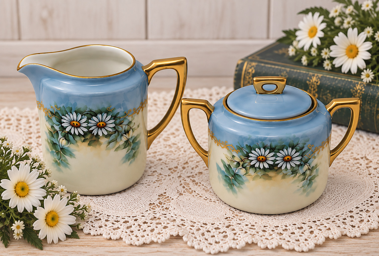 Vintage WEIMAR Cream & Sugar Blue w/Daisies Made In Germany