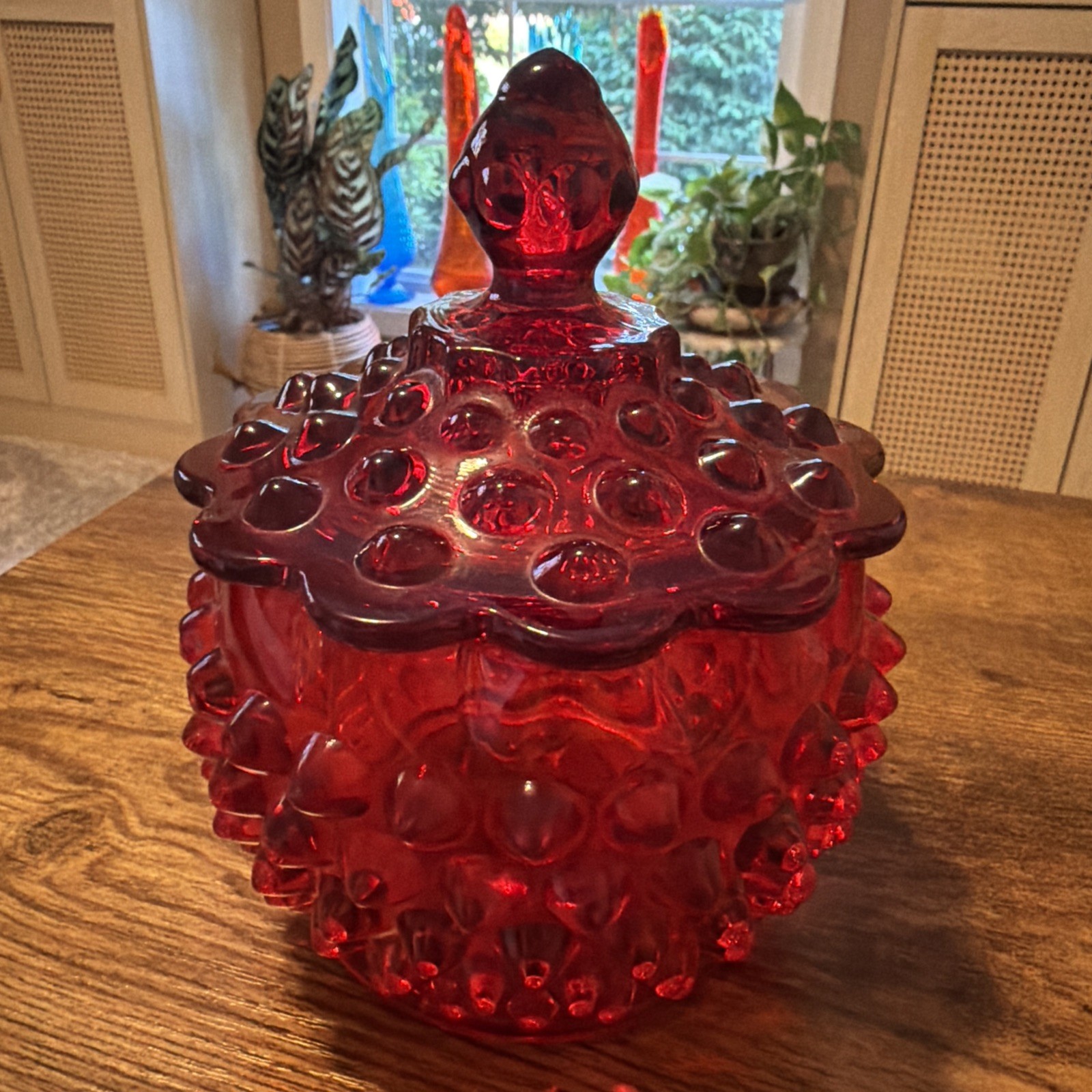 RARE Vintage FENTON Ruby Red Amberina Hobnail Covered Candy Dish RARE Vintage FENTON Ruby Red Amberina Hobnail Covered Candy Dish