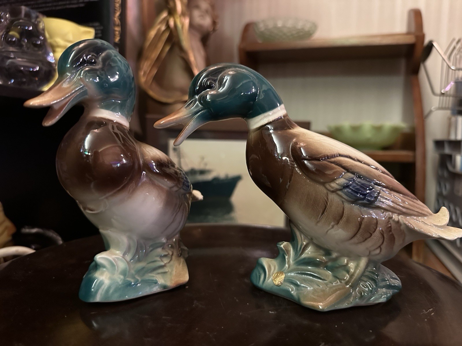 NICE Vintage Set 2 Royal Copley Ceramic Ducks Mallards 1950’s  Green Brown