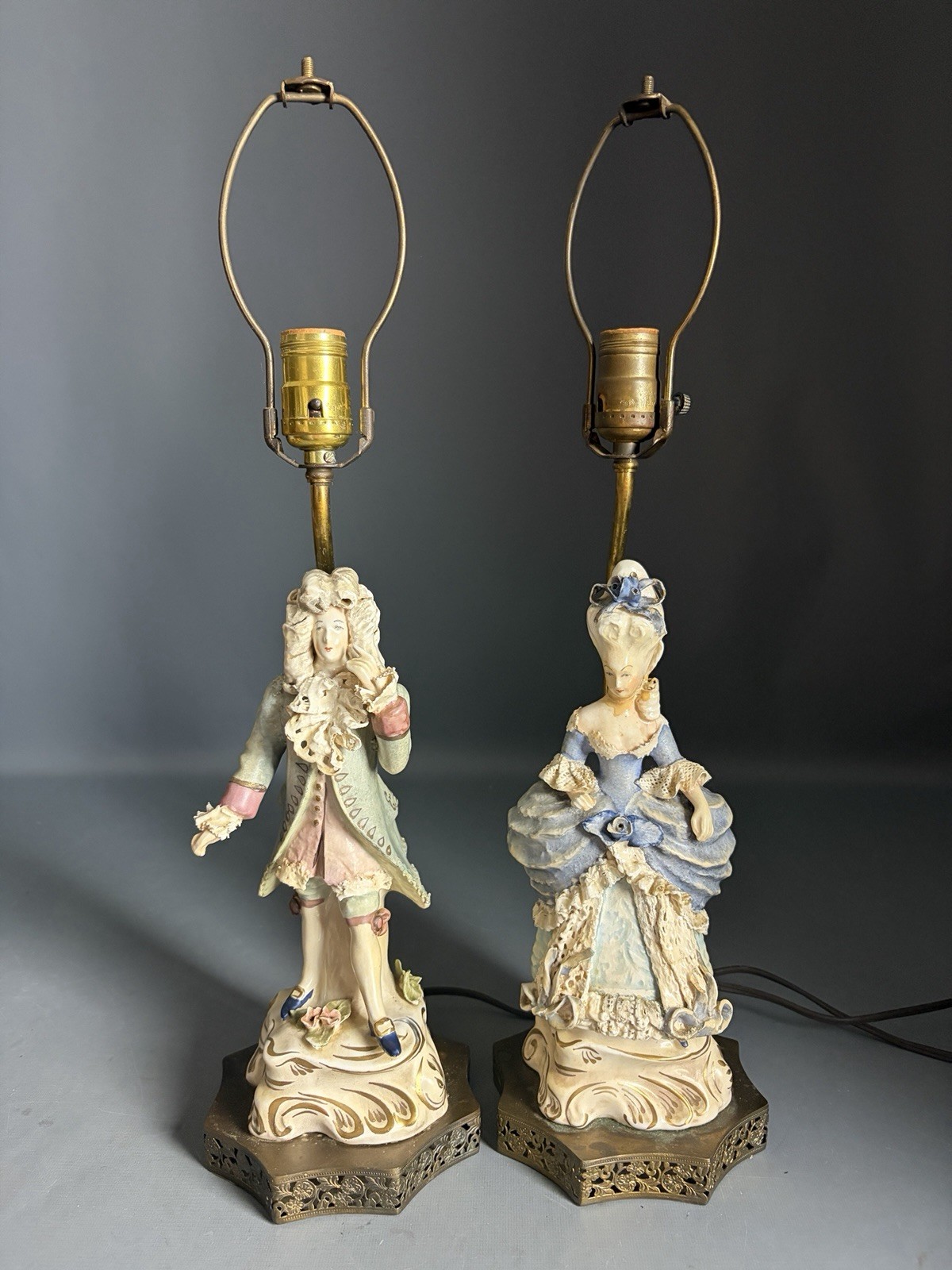 Vintage Cordey Porcelain Rococo Figurine Lamps Pair Courtier Gentleman Lady 22”