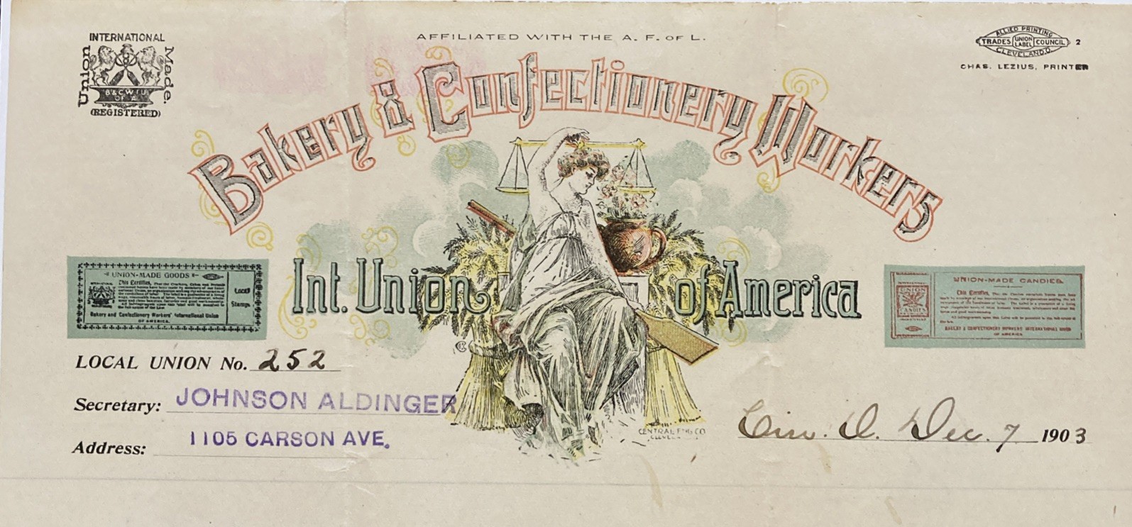 1903 Bakery & Confectionery Workers Union Of America Letterhead Cincinnati OH