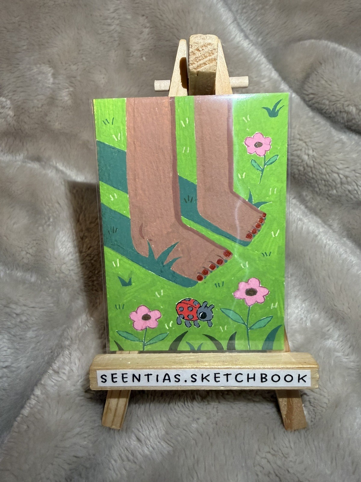 OOAK ACEO - Grass Ladybug Brown Girl - Nature - Mixed Media - Original Art
