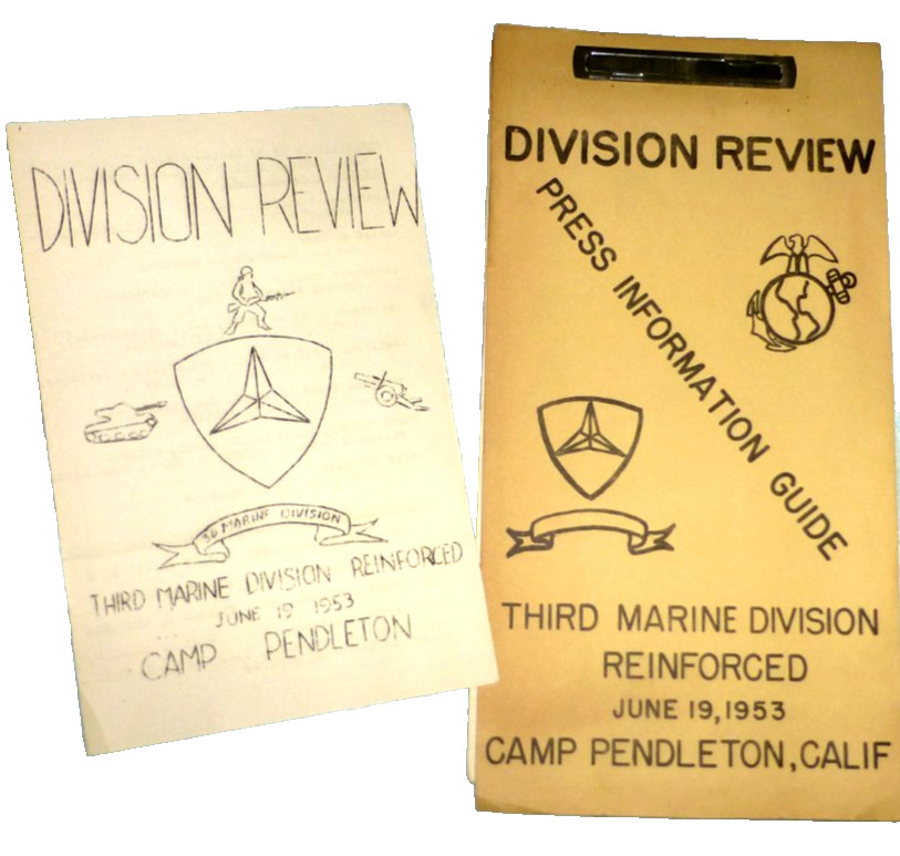 VINTAGE PUBLICATION + FLYER THIRD MARINE DIVISION REVIEW CAMP PENDLETON CAL 1953