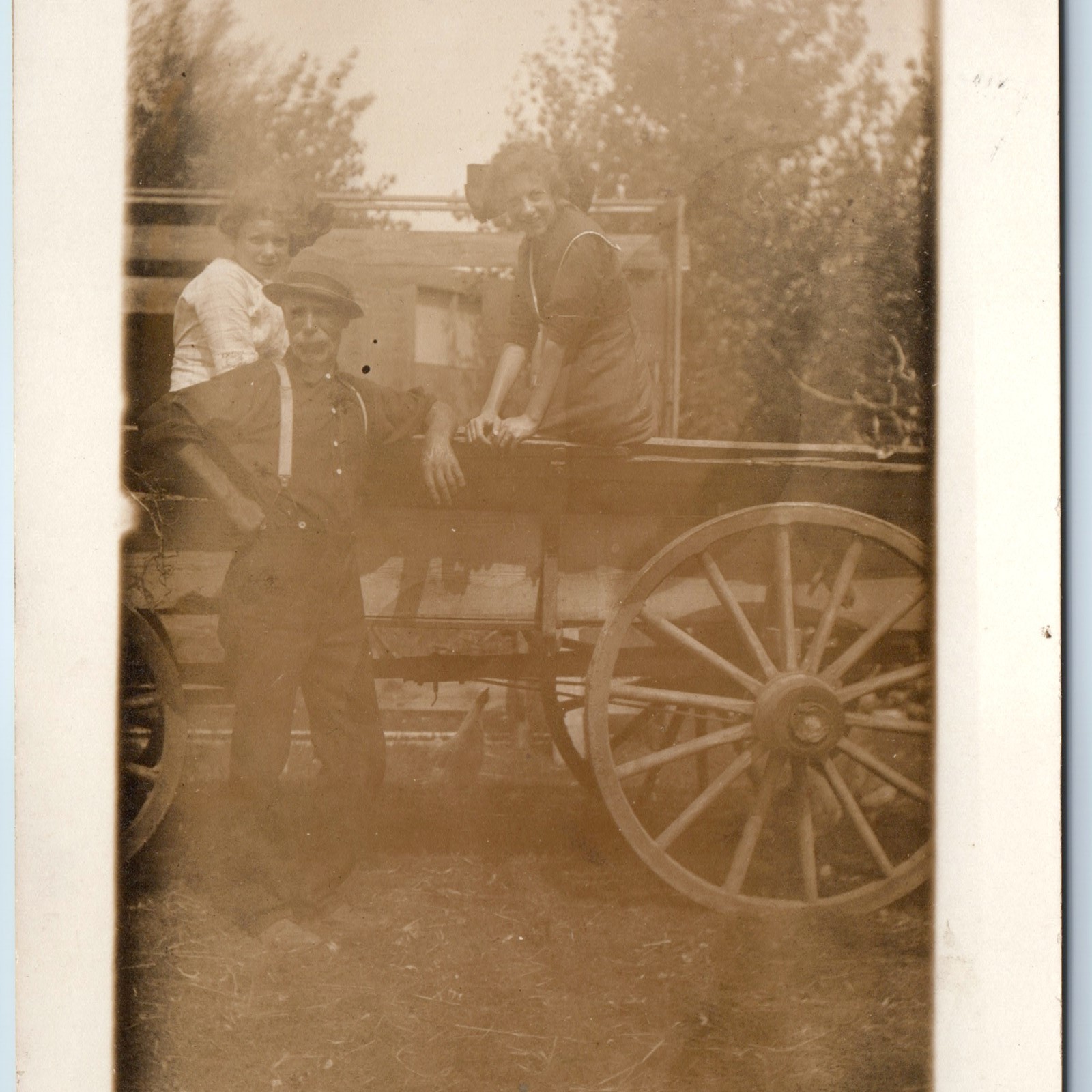 c1910s Outdoor Girls & Farmer Wooden Spoke Wheel Wagon RPPC Suspenders Photo PC