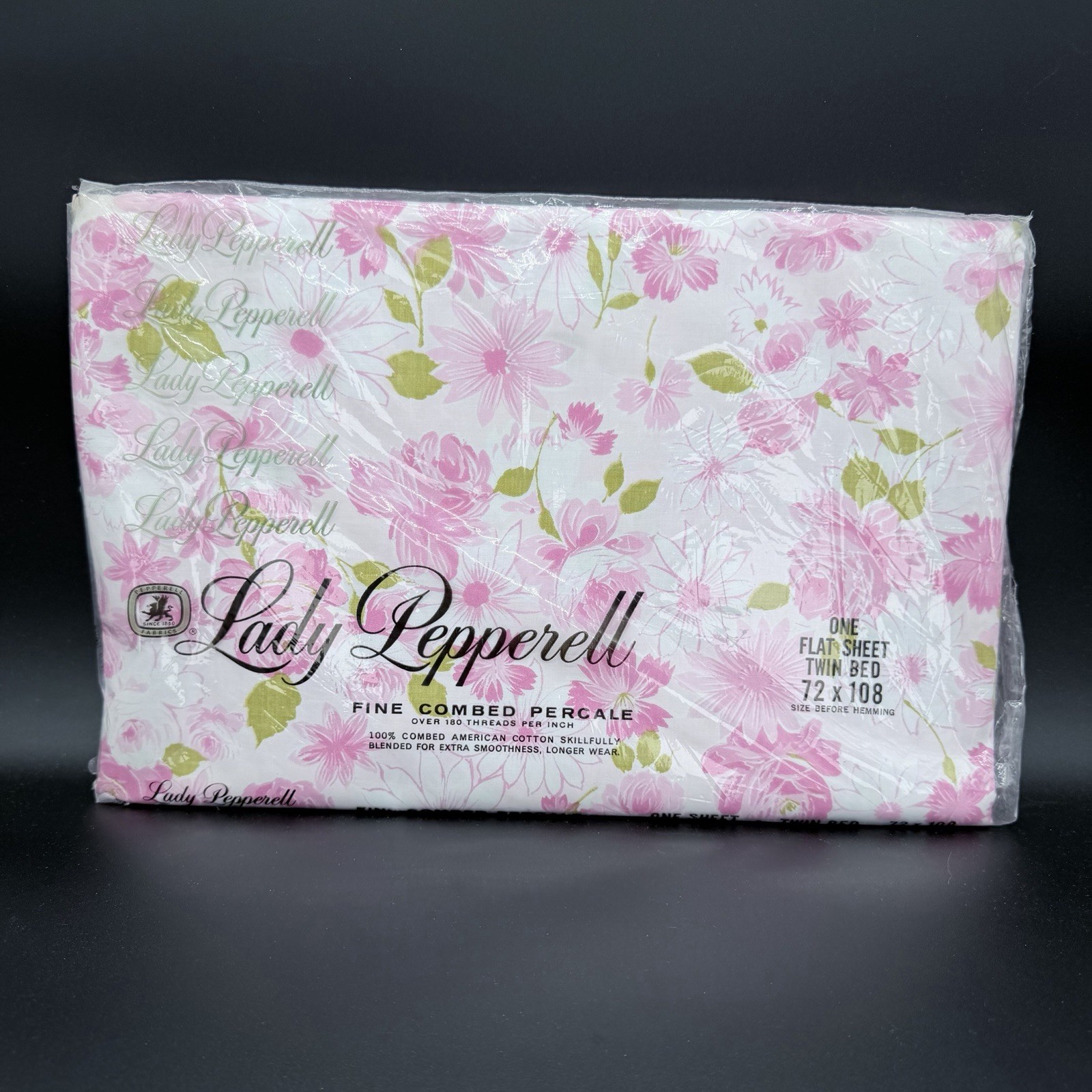 VTG 60’s NOS LADY PEPPERELL TWIN FLAT  SHEET PINK FLOWERS FINE COMBED PERCALE