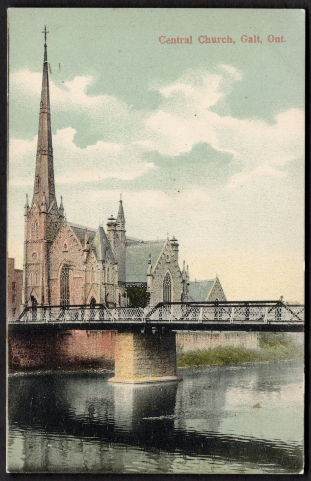 Canada GALT Ontario Postcard 1910 Bridge Central Church