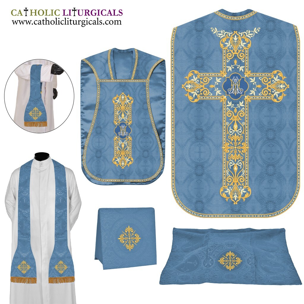 NEW Marian Blue Roman Chasuble Fiddleback Vestment and Mass set, AM embroidery NEW Marian Blue Roman Chasuble Fiddleback Vestment and Mass set, AM embroidery