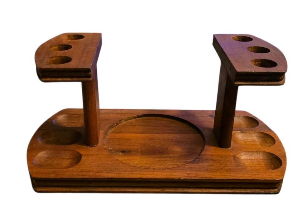 Vtg 60s Decatur Industries Walnut 6 Pipe Stand MCM Rustic Mad Men Man Cave