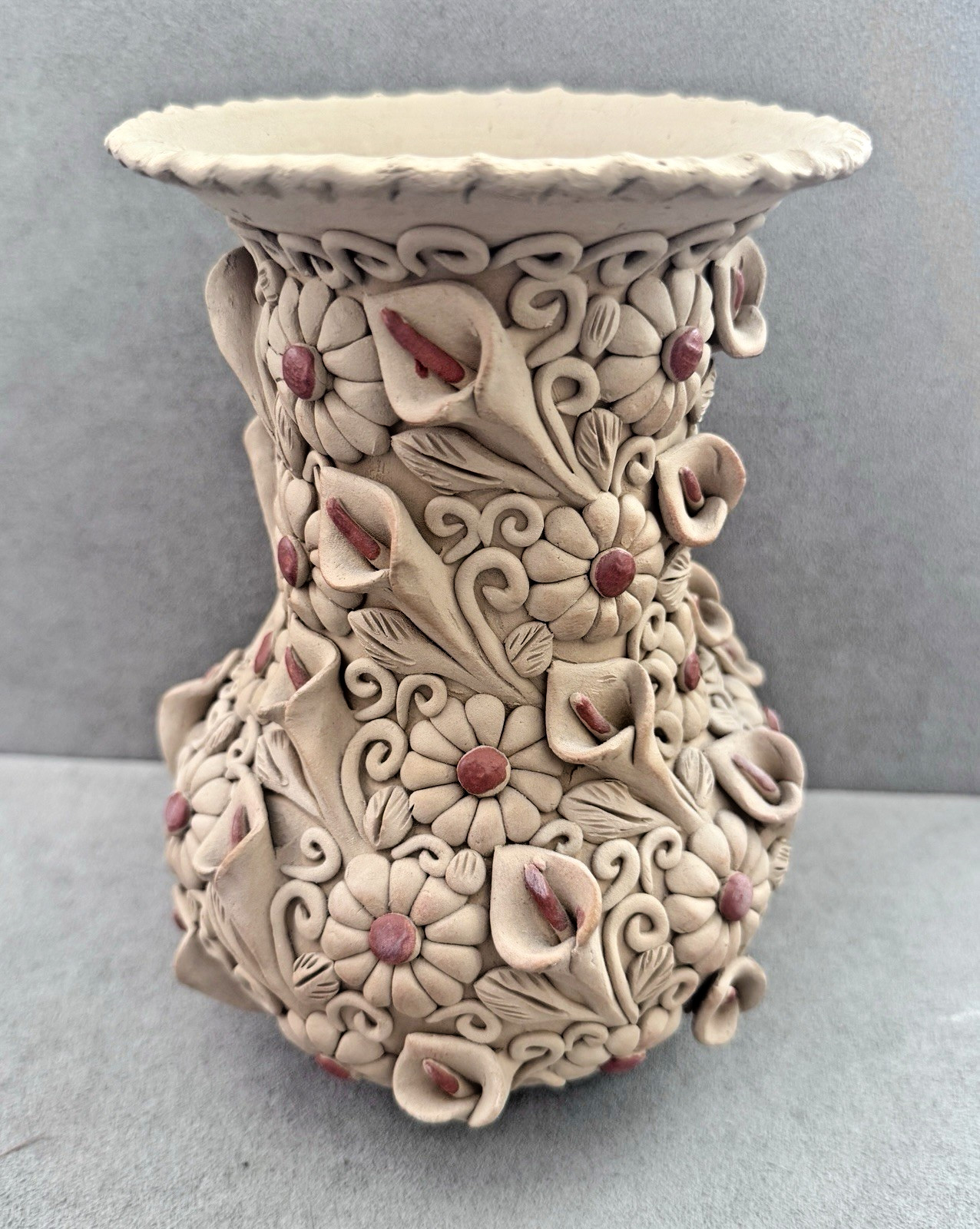 Vtg OAXACA POTTERY VASE Calla Lily + Daisy Large 3D 7.5\